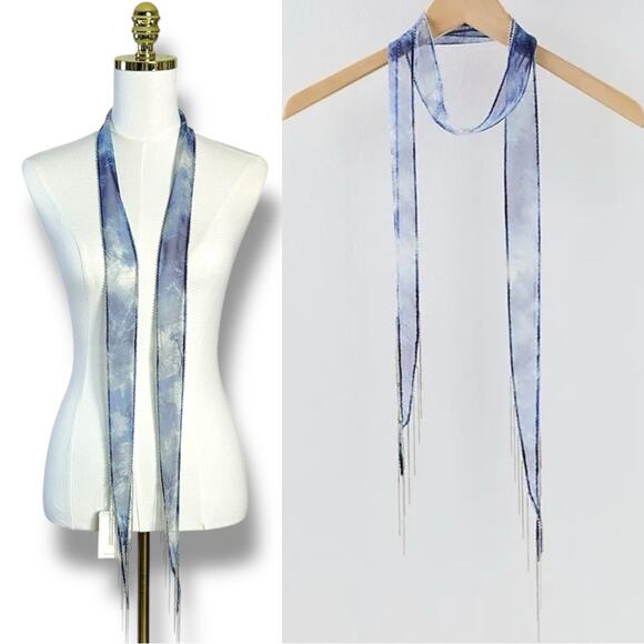 Free People Chan Luu Washed Ashore Fringe Skinny Scarf Denim Blue NWT Bohemian - Picture 2 of 11